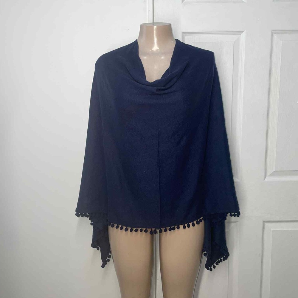 Chico's Deep Blue Poncho with Pom Pom Detail